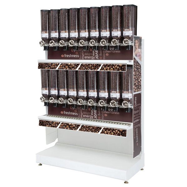 A Rosseto coffee merchandising gondola display rack with coffee beans in canisters.