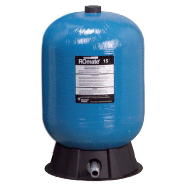 A blue Everpure ROmate water storage tank on a black base with a black cap.