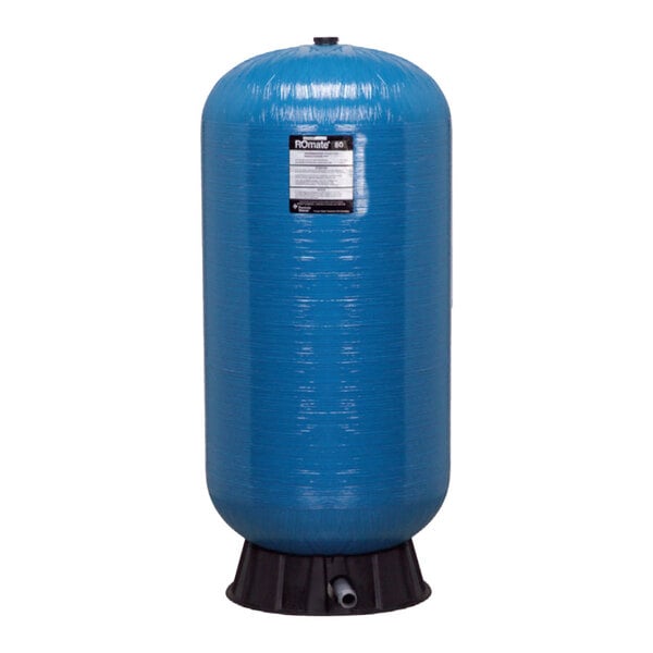 A blue cylinder with a black base and a label.
