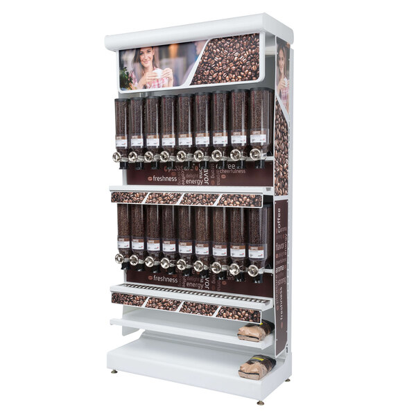 A Rosseto bulk coffee display rack with coffee beans in canisters.