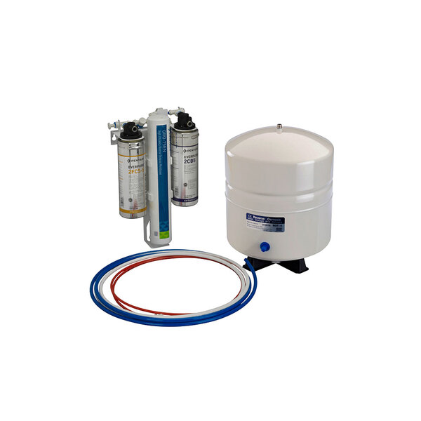 An Everpure reverse osmosis tank with a white container and blue and red tubes.