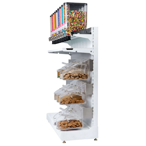 A white shelf with Rosseto coffee and candy dispensers.