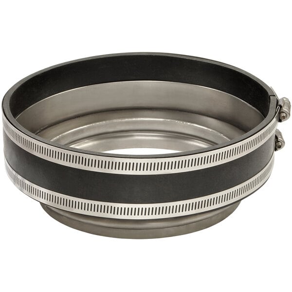 A circular metal Salvajor disposer adapter with a black and silver band.