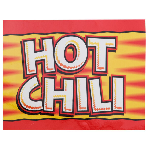 An APW Wyott hot dog chili topping transparency with a red and yellow sign on a white background.