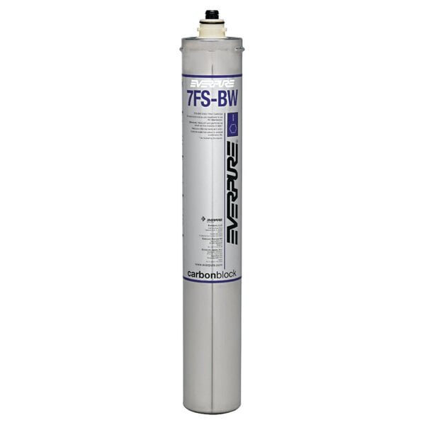 An Everpure water filter cartridge with a grey cylinder and black cap with black and white text.