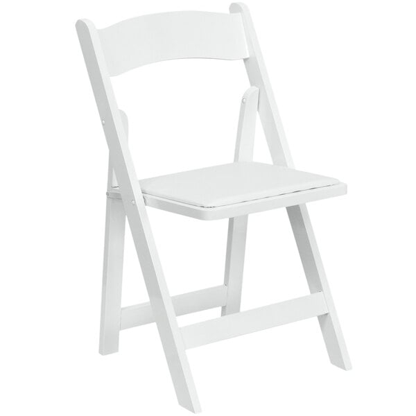 A white Flash Furniture folding chair with a white padded wooden seat.