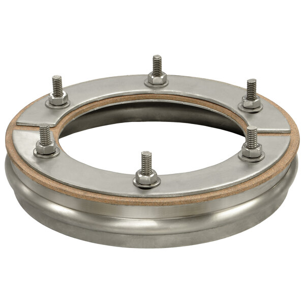 A stainless steel Salvajor disposer adapter plate with screw holes.