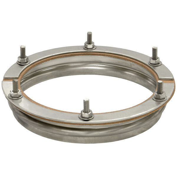 A stainless steel Salvajor disposer adapter ring with screws.