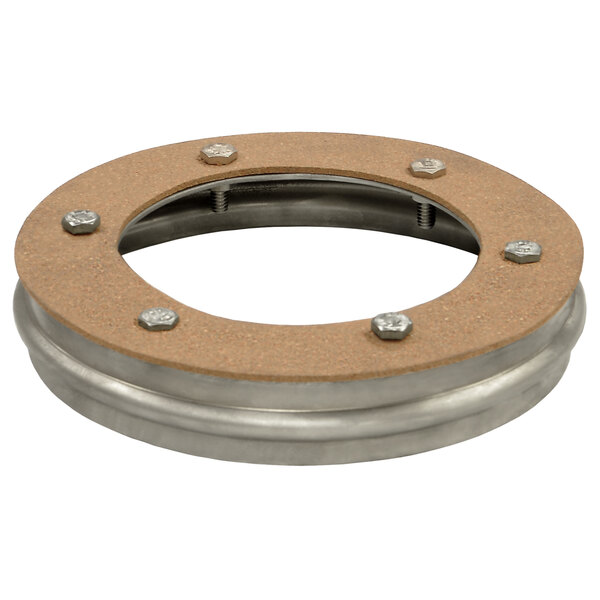 A metal Salvajor disposer adapter plate with holes and screws.