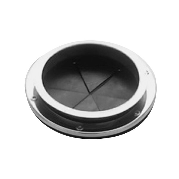 A black and white circular InSinkErator disposer adapter plate with a hole in it.