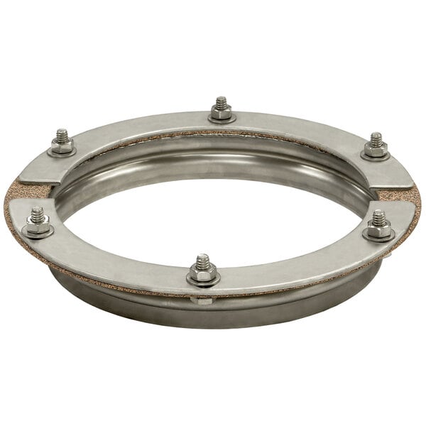 A stainless steel metal ring with screws.