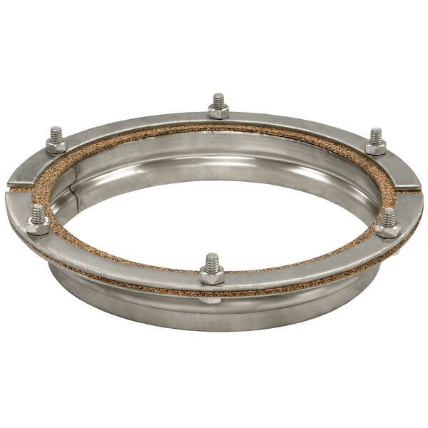 A stainless steel Salvajor disposer adapter ring with two nuts.