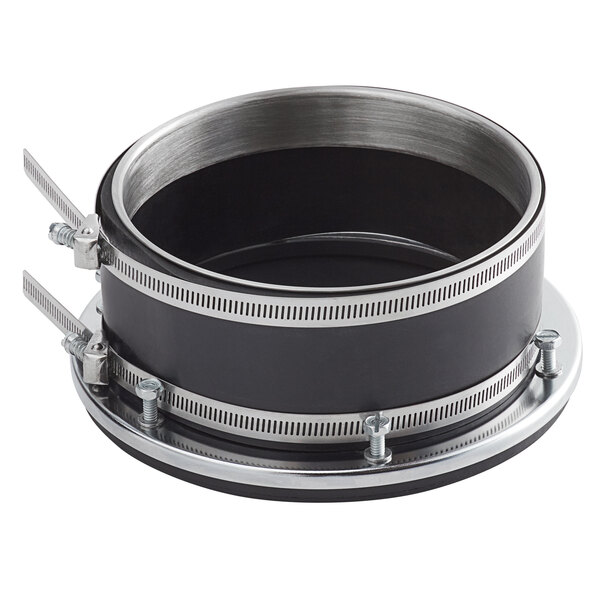 A black and silver metal InSinkErator disposer adapter with metal rings.