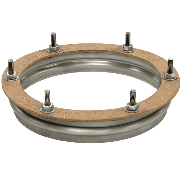 A circular metal ring with four screws and a brown band.