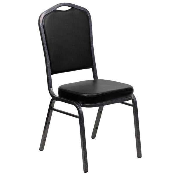 A Flash Furniture black vinyl banquet chair with a black cushion.