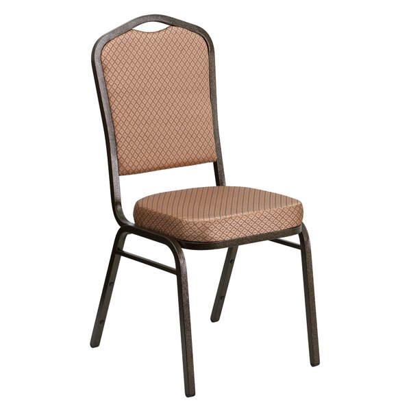 A Flash Furniture Hercules banquet chair with brown diamond fabric seat and back cushions.