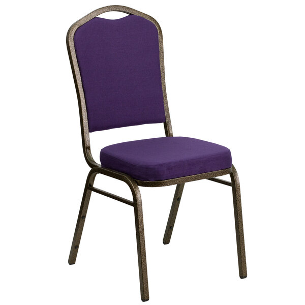 A Flash Furniture purple fabric banquet chair with a metal frame.