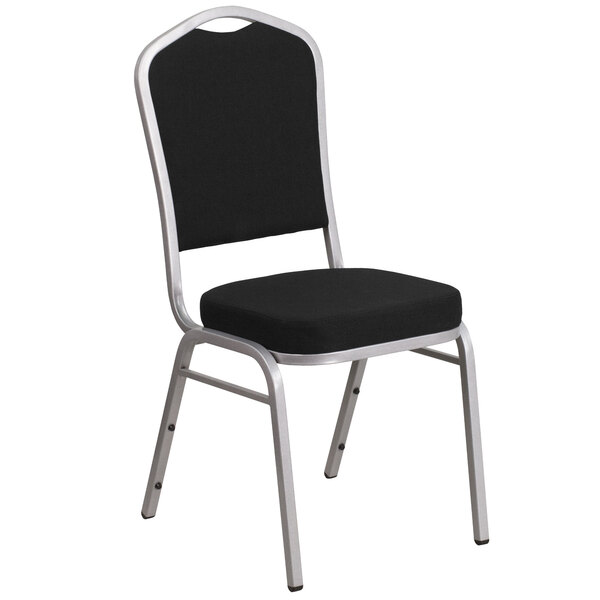 A Flash Furniture black fabric banquet chair with silver frame and black seat.