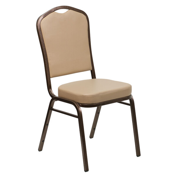 A Flash Furniture tan vinyl banquet chair with a metal frame.