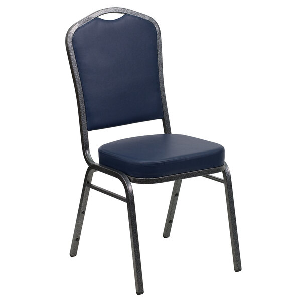 A Flash Furniture blue vinyl banquet chair with a silver vein frame and dark blue seat.