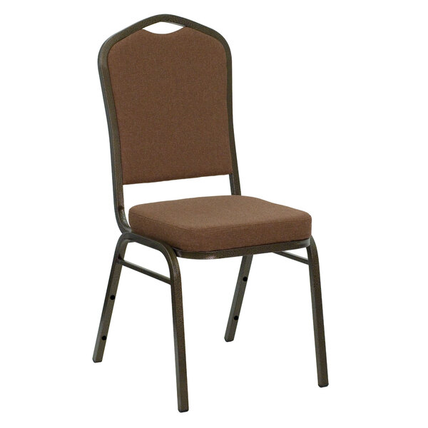 A brown Flash Furniture banquet chair with a cushion and metal frame.