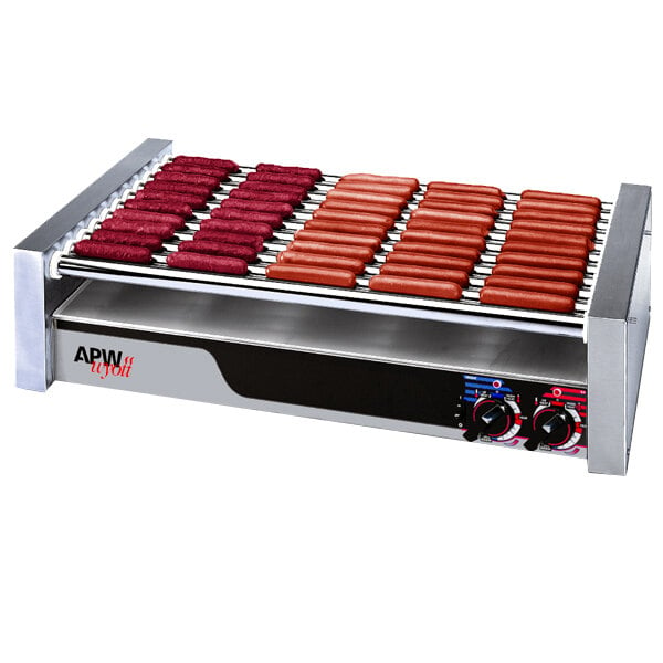 An APW Wyott hot dog roller with hot dogs cooking.