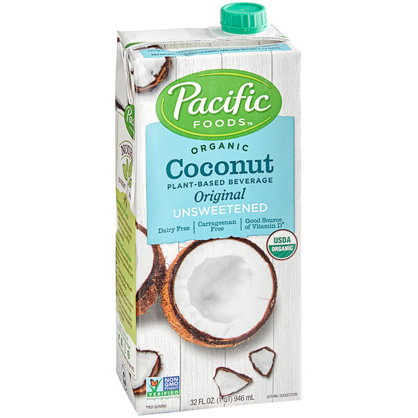 A close up of a carton of Pacific Foods Organic Unsweetened Coconut Milk.