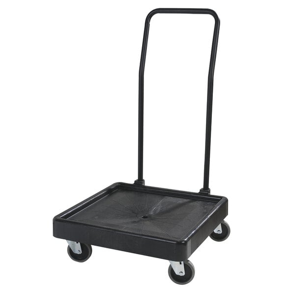 A black Carlisle polypropylene rack dolly with wheels and a handle.