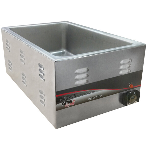 A rectangular silver APW Wyott countertop food warmer with a black handle and red button lid.
