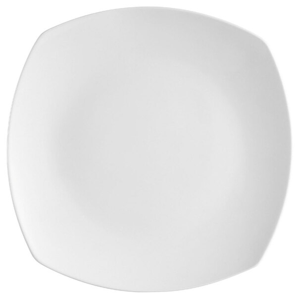 A close-up of a CAC white square porcelain plate with a rounded edge.