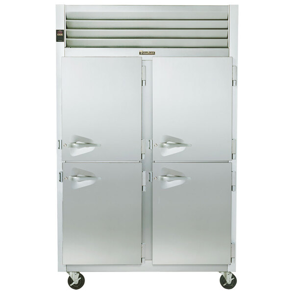 A stainless steel Traulsen hot food holding cabinet with two half doors.