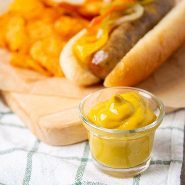A hot dog with French's Classic Yellow Mustard and chips on a cutting board.