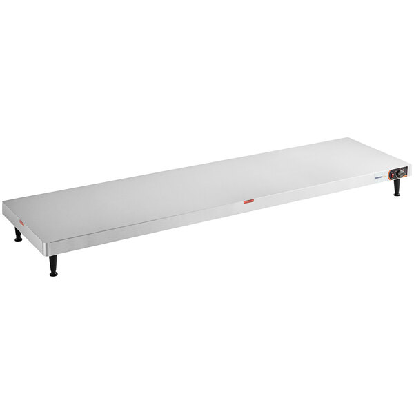 A white rectangular Nemco heated shelf with stainless steel sides.
