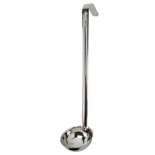 A stainless steel ladle with a curved handle.