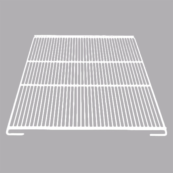 A white metal shelf with a grid pattern.