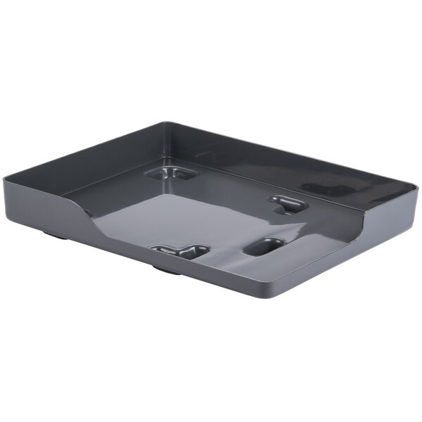 A gray rectangular tray with two compartments and holes.