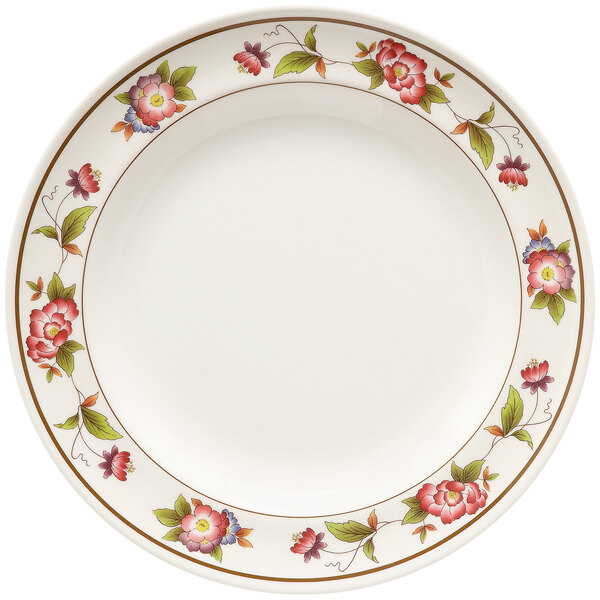 A white GET Tea Rose melamine plate with flowers on it.