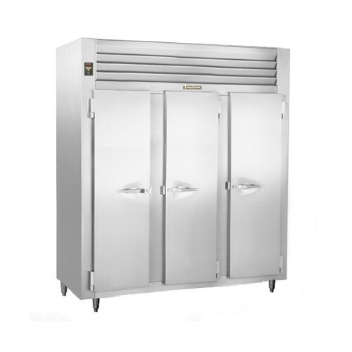 A Traulsen narrow reach-in freezer with three white doors.