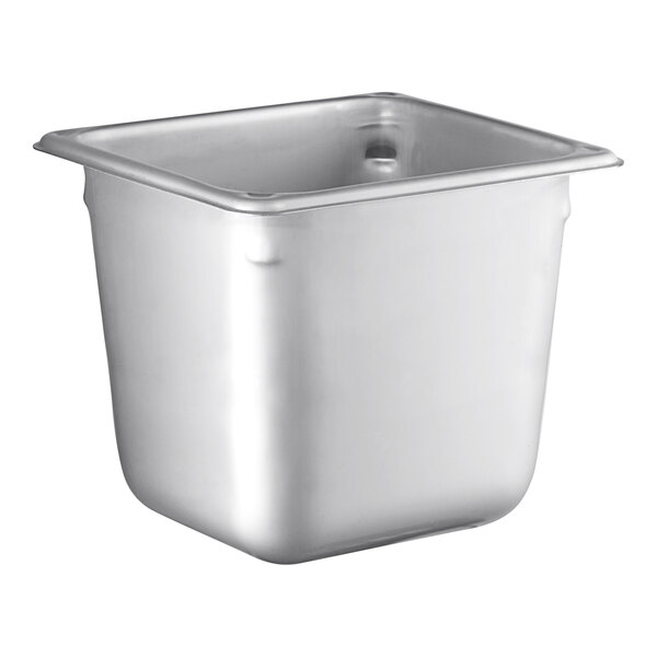 A 1/6 size stainless steel hotel pan with a lid.