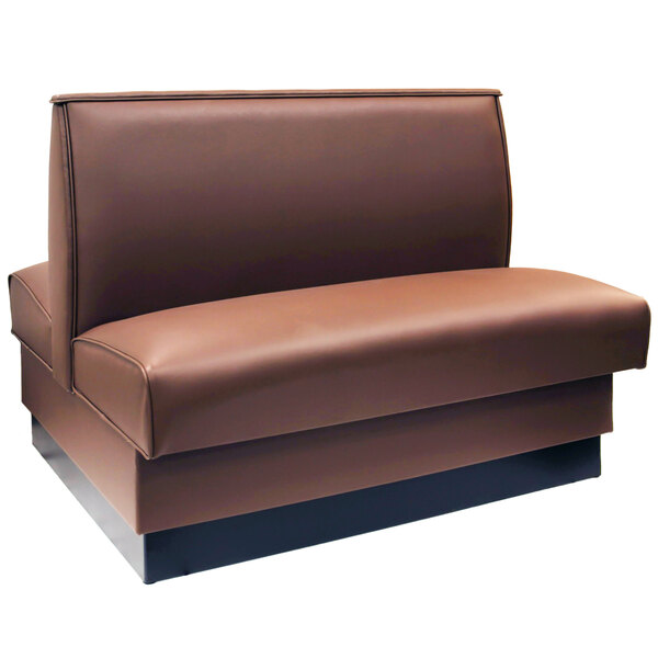 An American Tables & Seating mocha brown leather booth with a black base.