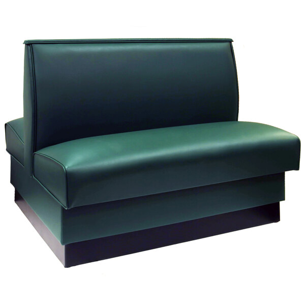 An American Tables & Seating green leather booth with a black base.