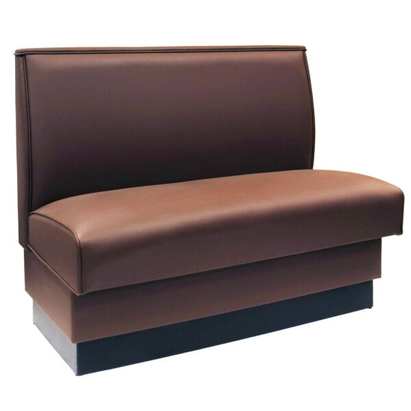 An American Tables & Seating mocha upholstered booth with a black base.
