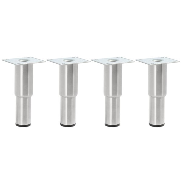 A set of four Regency stainless steel cylindrical legs with black caps.