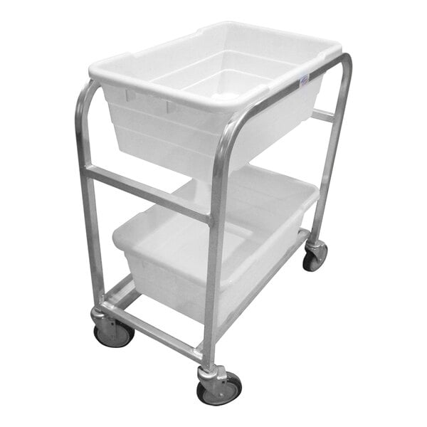 A Winholt aluminum lug rack with two white plastic tubs on it.