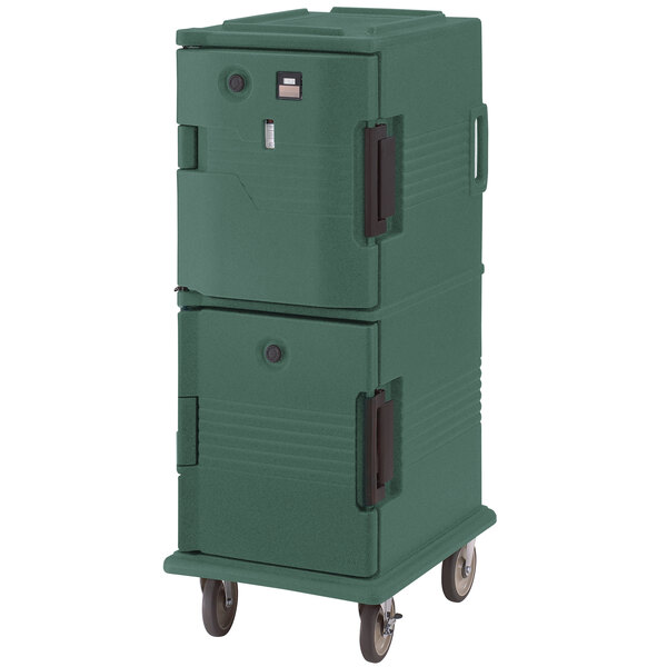 A green plastic Cambro food holding cabinet with black handles.