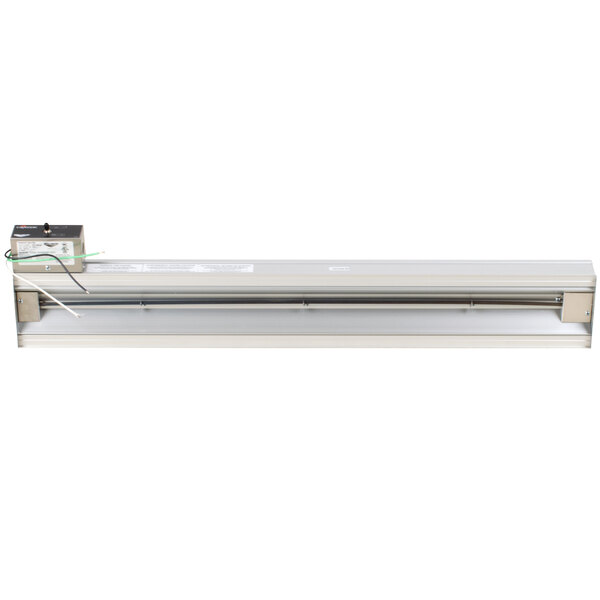 A long rectangular metal infrared food warmer with wires.