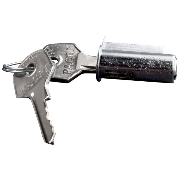 A metal key attached to a metal cylinder.