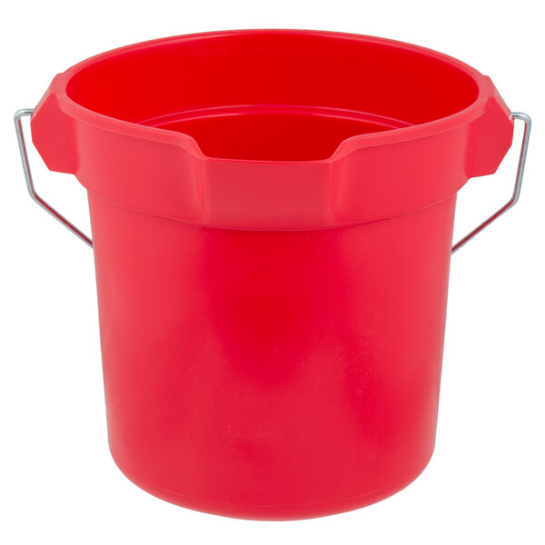 A red Rubbermaid bucket with handles.