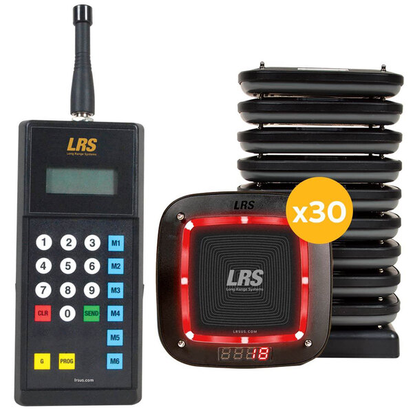 A black LRS Guest Transmitter with red and black buttons.