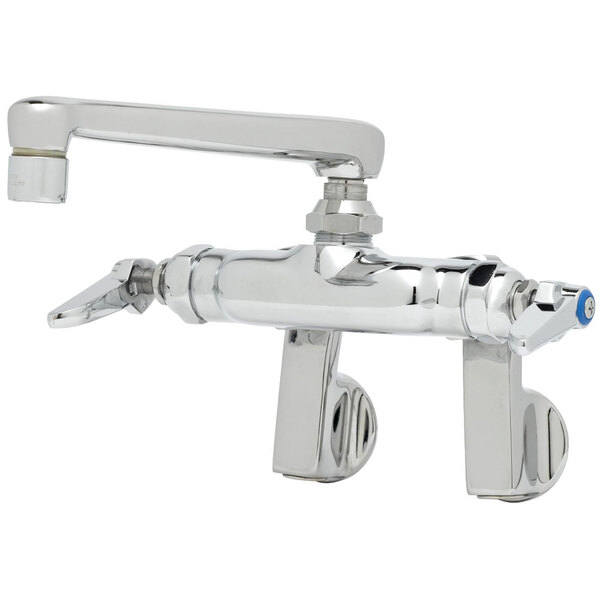 A T&S chrome wall mounted pantry faucet with a handle and a hose.